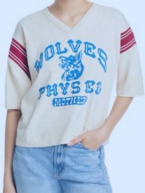 Mother The Blitz Wolves Phys Ed Graphic Tee with Maroon Stripe Sleeves